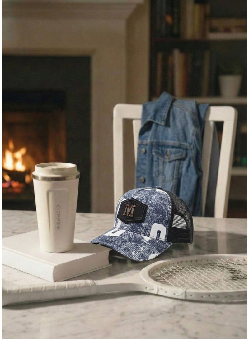 Unisex Denim-Style Printed Mesh Trucker Cap with Letter Patch – Adjustable Snapback Casual Baseball Hat (Blue) - Image 3